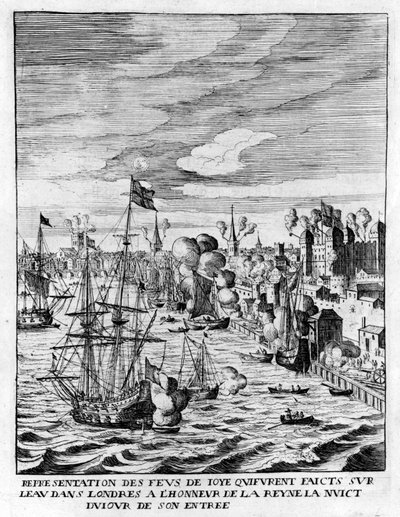 Lit fires in the Tower of London and cannon fire in honour of the arrival of Queen Marie de Medici, illustration from 